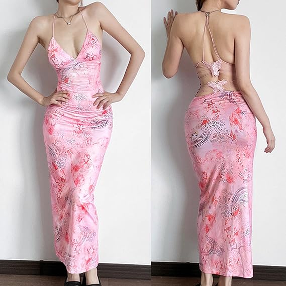 ABYOVRT Women Backless Butterfly Dress Sexy V Neck Sleeveless Open Back Maxi Dress Party Cocktail Bodycon Long Dress